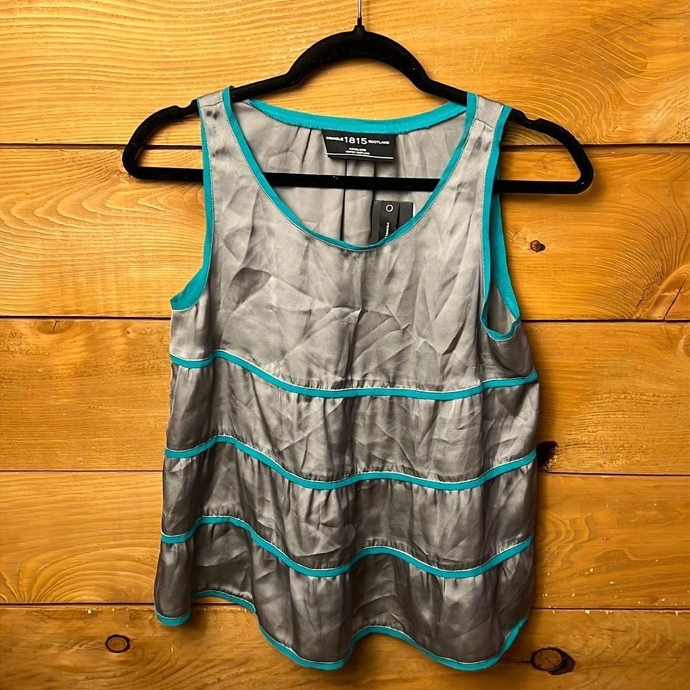 Pringle 1815 Scotland Women's Gray Tiered Silk Blend Tank Top Turquoise Trim 8